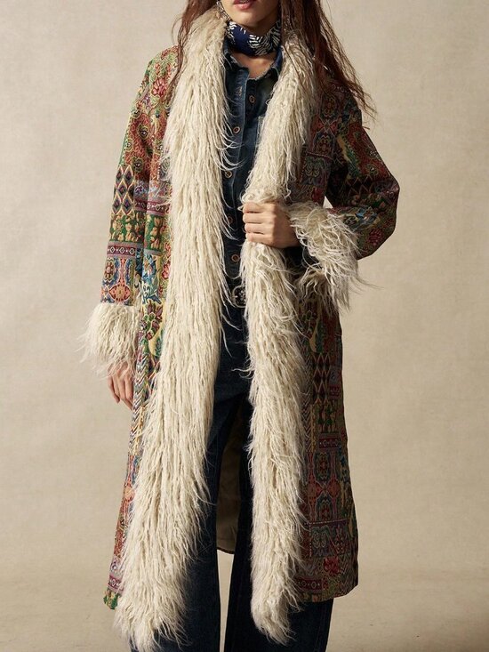 Jackets & Blazers - Multicolor Boho Women's Jacquard Faux Fur Trim Coat